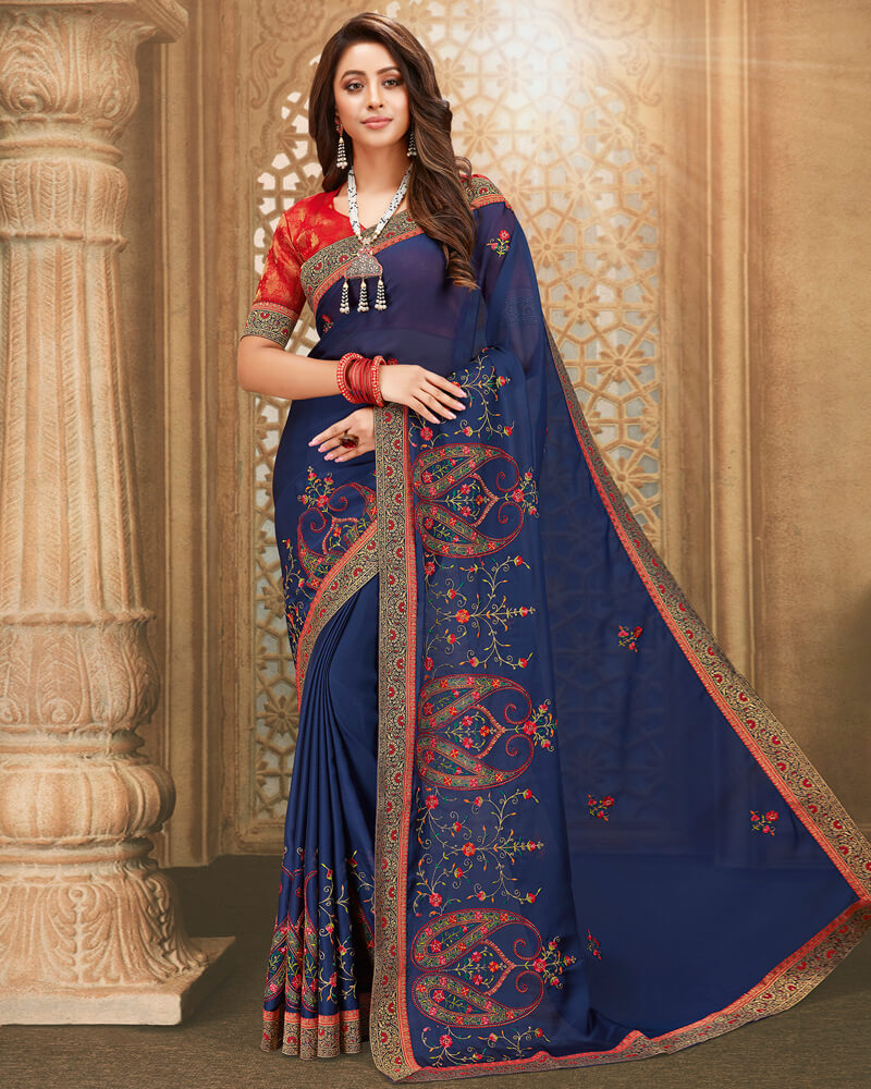 Vishal Prints Navy Blue Chiffon Saree With Embroidery And Diamond Work