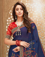 Vishal Prints Navy Blue Chiffon Saree With Embroidery And Diamond Work