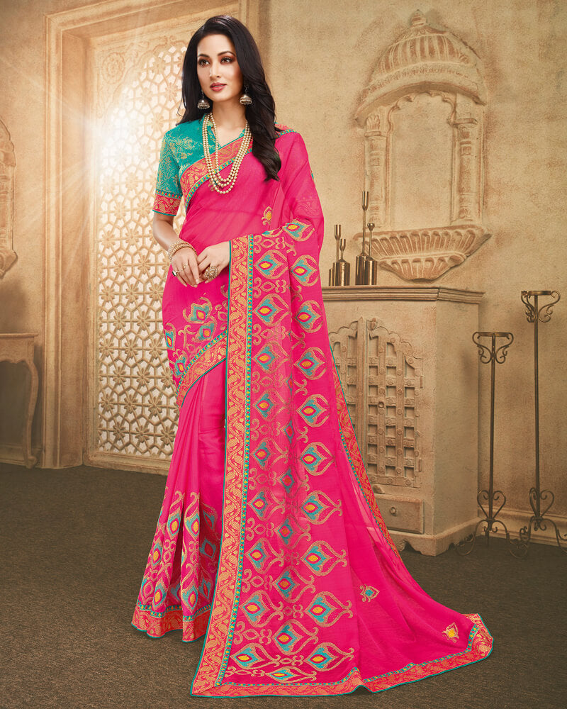 Vishal Prints Fuchsia Chiffon Saree With Embroidery And Diamond Work