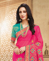 Vishal Prints Fuchsia Chiffon Saree With Embroidery And Diamond Work