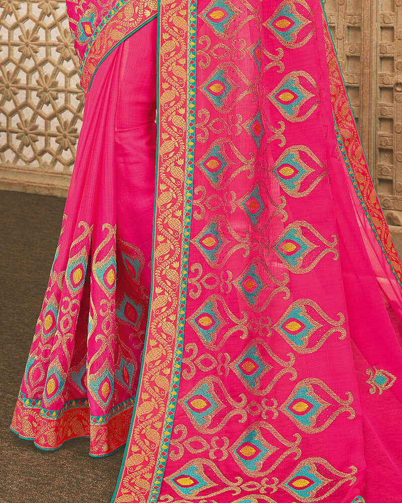 Vishal Prints Fuchsia Chiffon Saree With Embroidery And Diamond Work