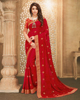 Vishal Prints Red Chiffon Saree With Embroidery And Diamond Work