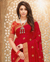 Vishal Prints Red Chiffon Saree With Embroidery And Diamond Work
