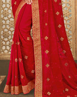 Vishal Prints Red Chiffon Saree With Embroidery And Diamond Work