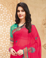 Vishal Prints Pink Chiffon Saree With Embroidery And Diamond Work
