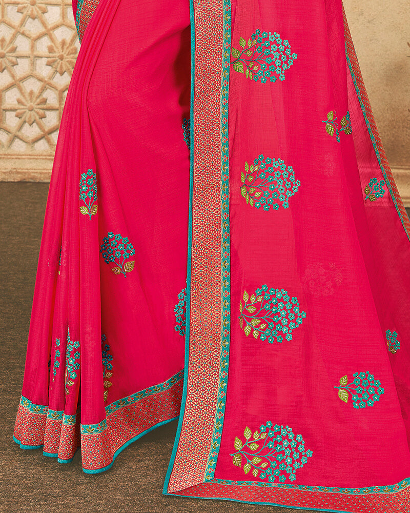 Vishal Prints Pink Chiffon Saree With Embroidery And Diamond Work