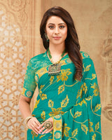Vishal Prints Sea Green And Yellow Chiffon Saree With Embroidery And Diamond Work