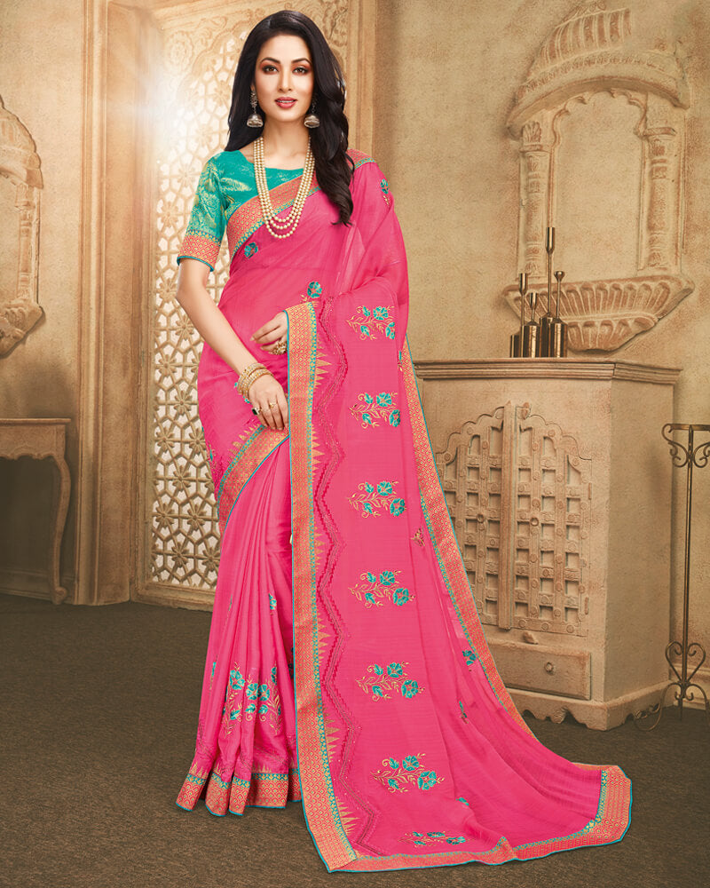 Vishal Prints Pink Chiffon Saree With Embroidery And Diamond Work