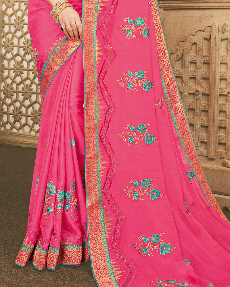 Vishal Prints Pink Chiffon Saree With Embroidery And Diamond Work