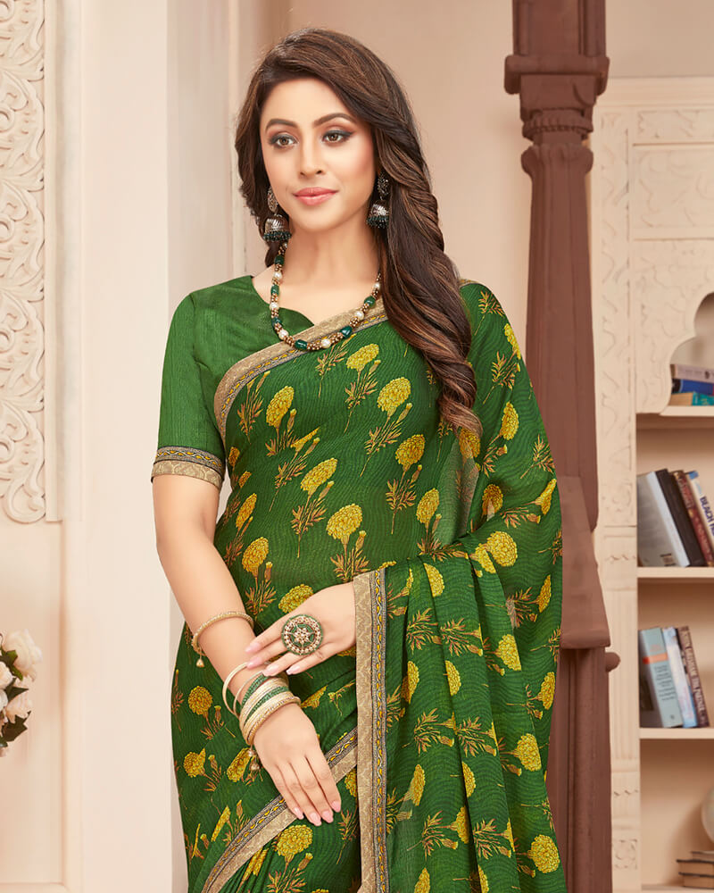 Vishal Prints Green Printed Georgette Saree With Jari Border