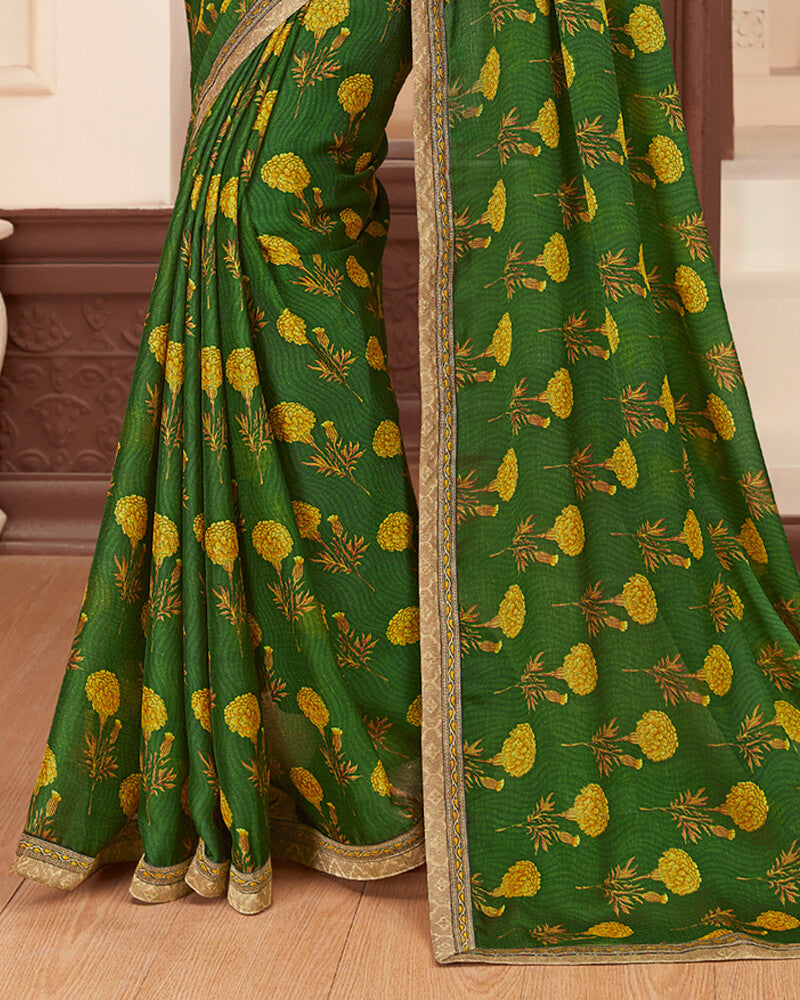 Vishal Prints Green Printed Georgette Saree With Jari Border