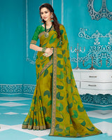 Vishal Prints Mehandi Green Chiffon Saree With Border