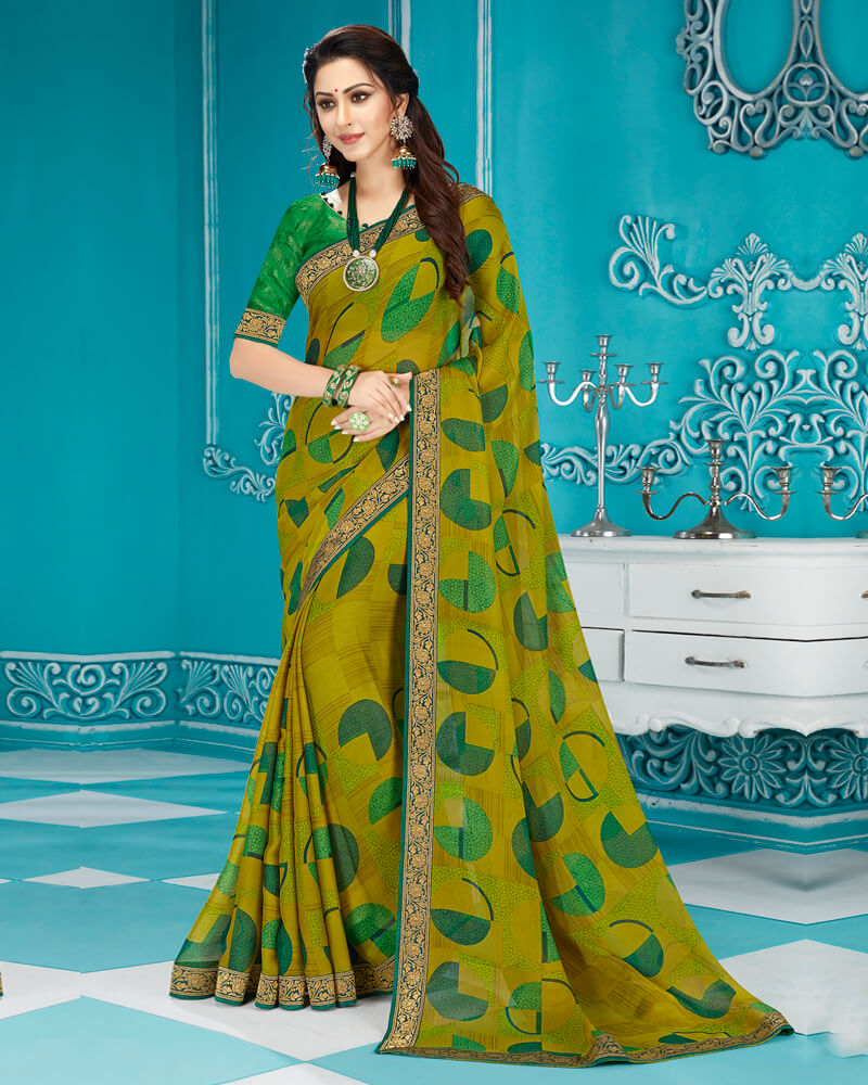 Vishal Prints Mehandi Green Chiffon Saree With Border
