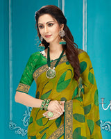 Vishal Prints Mehandi Green Chiffon Saree With Border