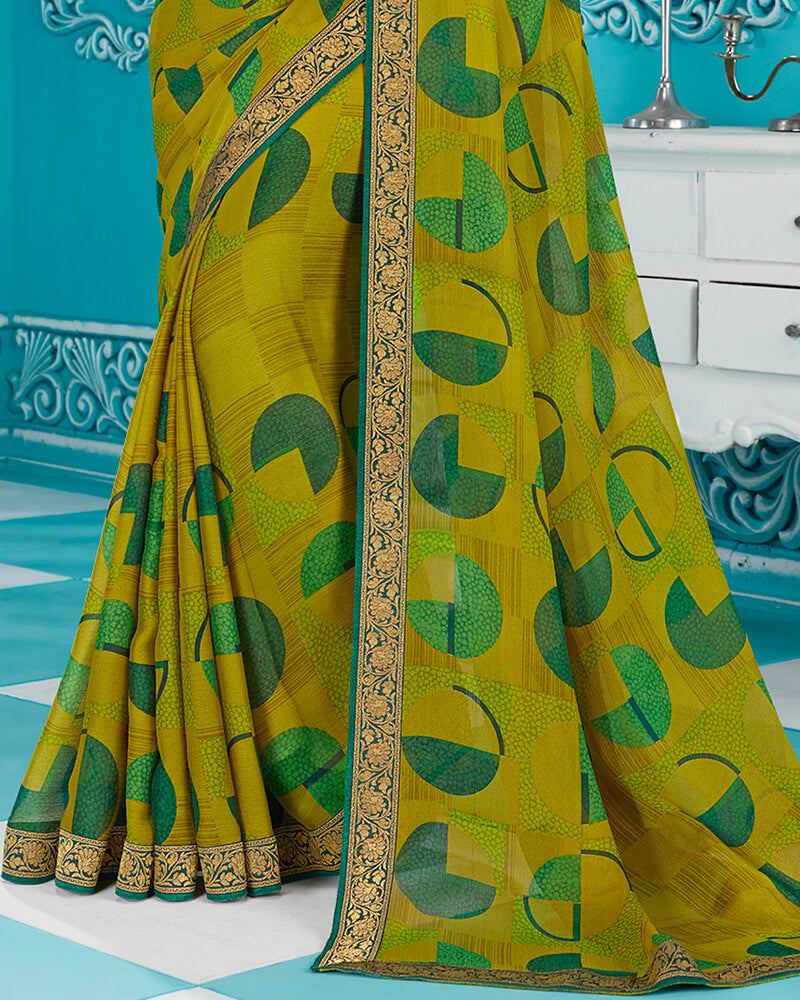 Vishal Prints Mehandi Green Chiffon Saree With Border