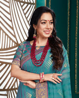 Vishal Prints Teal Blue Chiffon Saree With Foil Print And Jari Border