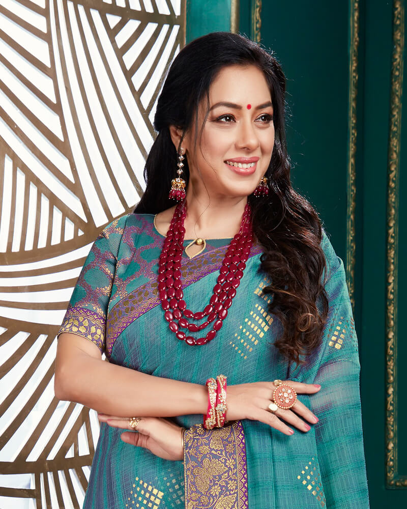 Vishal Prints Teal Blue Chiffon Saree With Foil Print And Jari Border