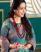 Vishal Prints Teal Blue Chiffon Saree With Foil Print And Jari Border