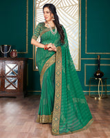 Vishal Prints Dark Sea Green Chiffon Saree With Foil Print And Jari Border