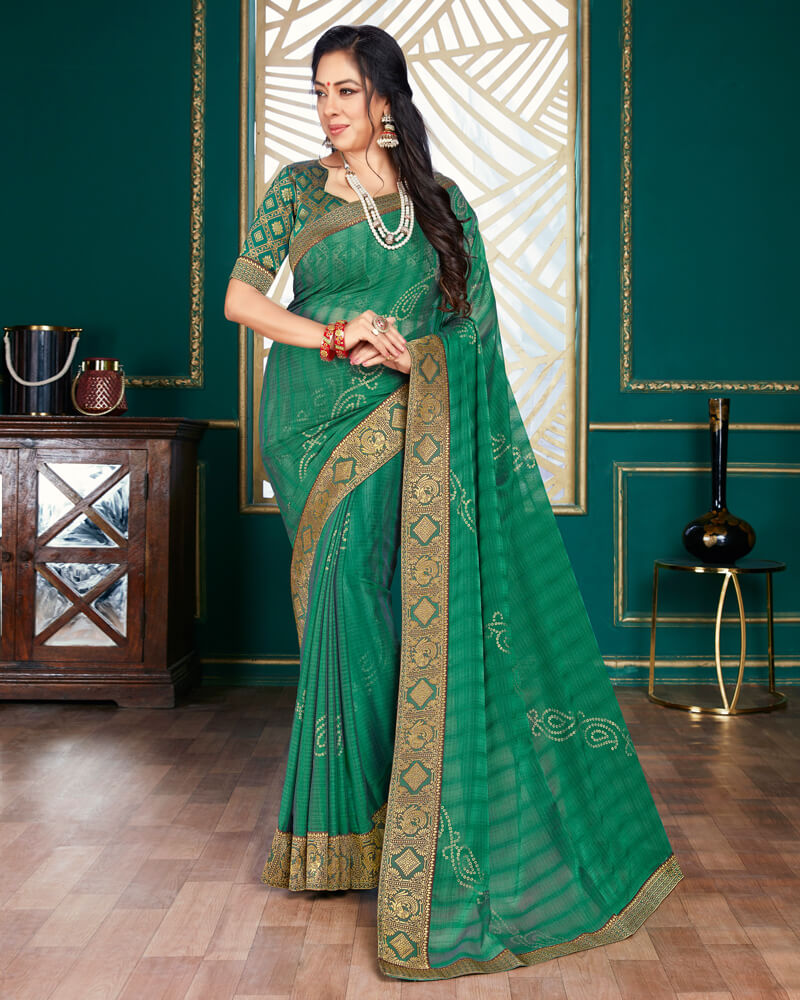 Vishal Prints Dark Sea Green Chiffon Saree With Foil Print And Jari Border