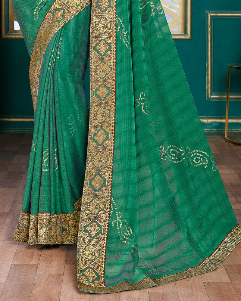 Vishal Prints Dark Sea Green Chiffon Saree With Foil Print And Jari Border