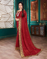 Vishal Prints Cherry Red Chiffon Saree With Foil Print And Jari Border
