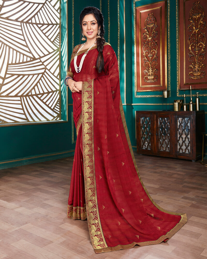 Vishal Prints Cherry Red Chiffon Saree With Foil Print And Jari Border