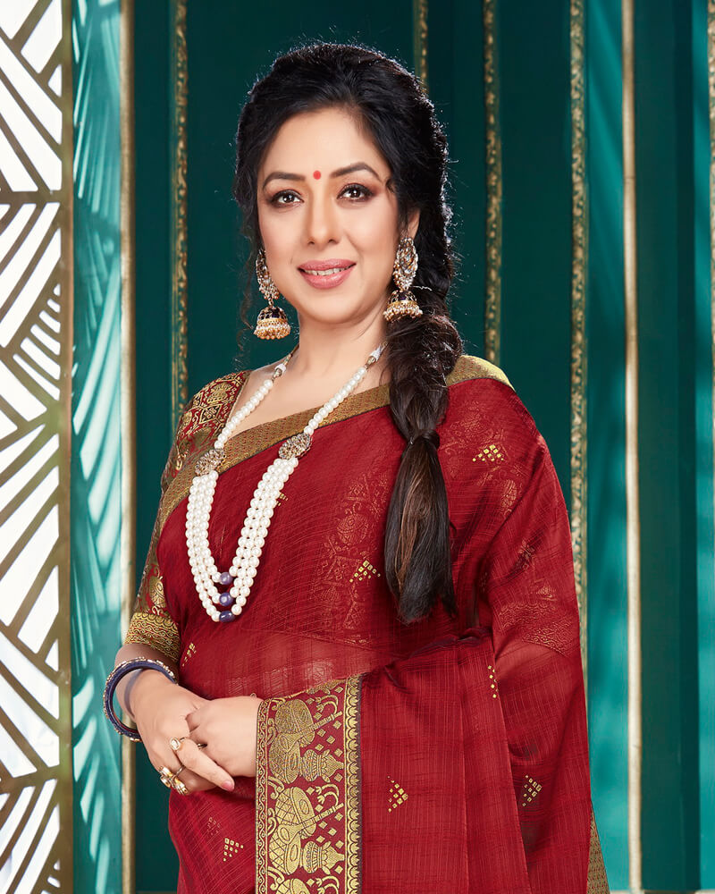 Vishal Prints Cherry Red Chiffon Saree With Foil Print And Jari Border