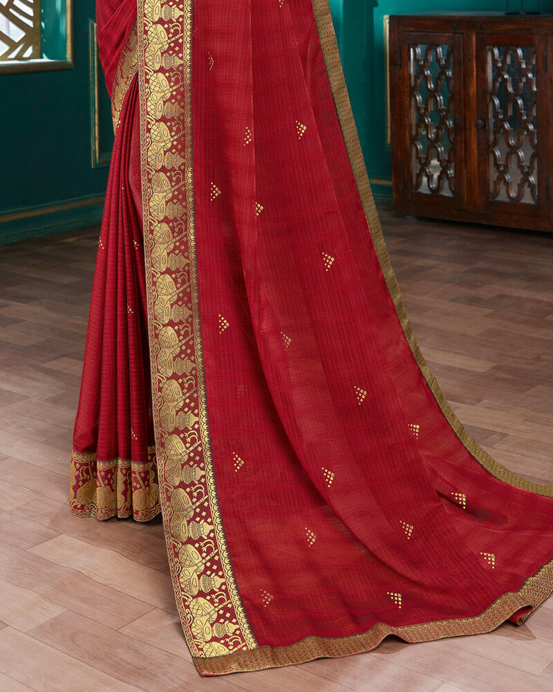 Vishal Prints Cherry Red Chiffon Saree With Foil Print And Jari Border