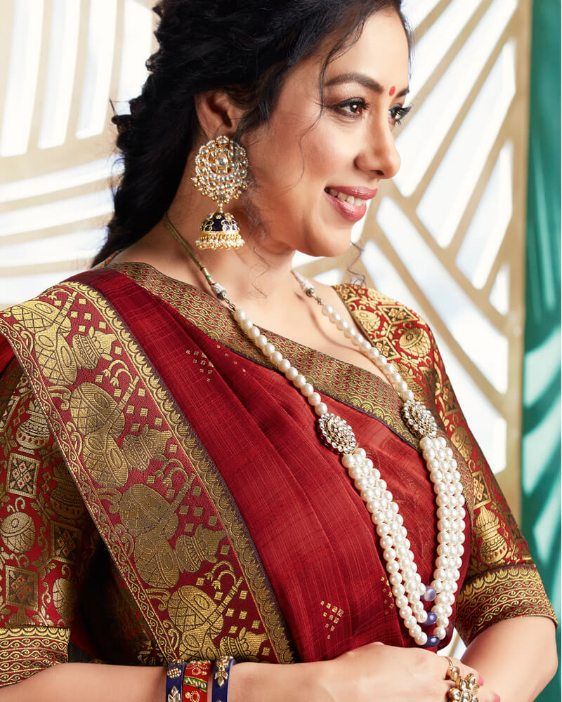 Vishal Prints Cherry Red Chiffon Saree With Foil Print And Jari Border