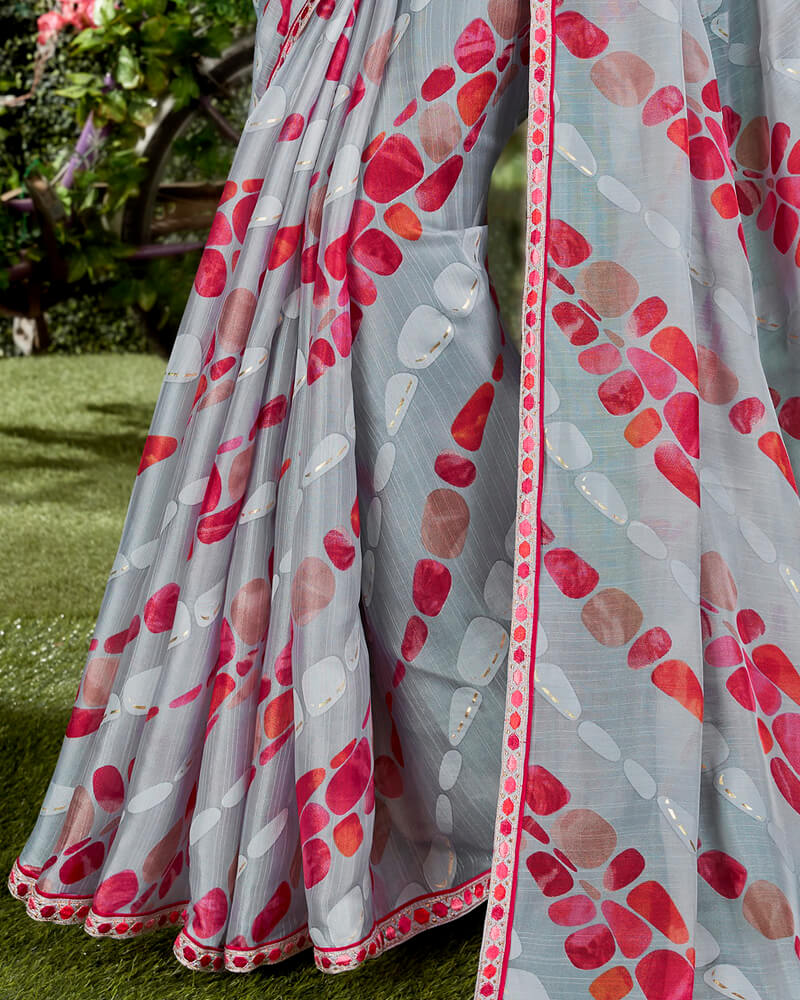 Vishal Prints Silver Digital Print Brasso Saree With Foil Print