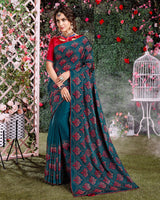 Vishal Prints Peacock Blue Satin Saree With Embroidery And Diamond Work