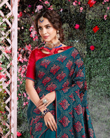 Vishal Prints Peacock Blue Satin Saree With Embroidery And Diamond Work
