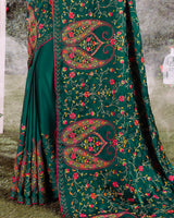 Vishal Prints Green Satin Saree With Embroidery And Diamond Work