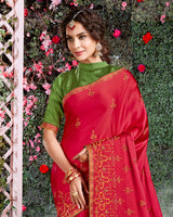 Vishal Prints Red Satin Saree With Embroidery And Diamond Work