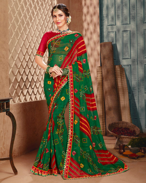 Vishal Prints Dark Green And Red Bandhani Print Georgette Saree With Border
