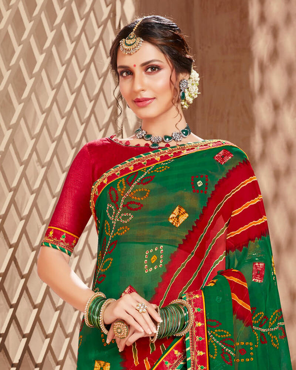 Vishal Prints Dark Green And Red Bandhani Print Georgette Saree With Border