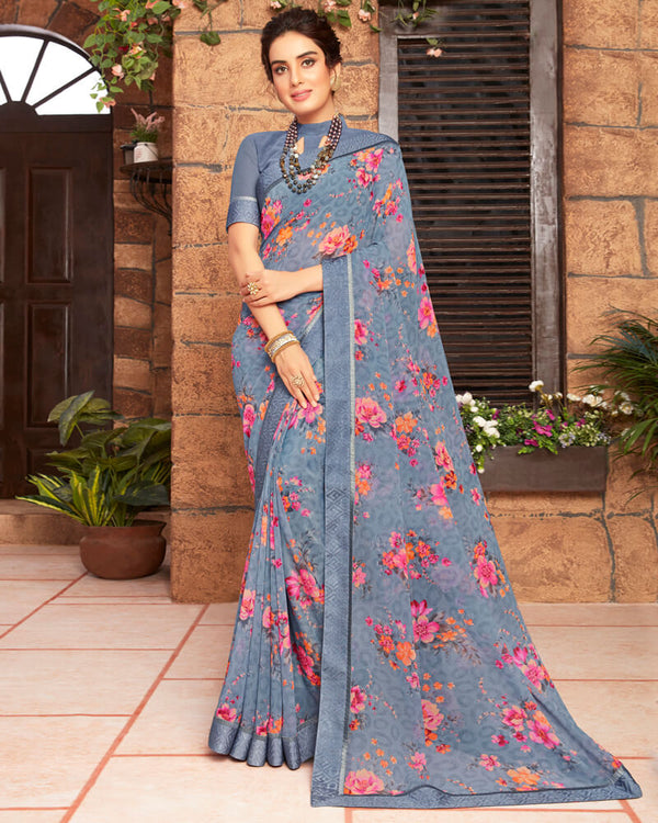 Vishal Prints Grey And Pink Floral Print Georgette Saree With Printed Satin Border