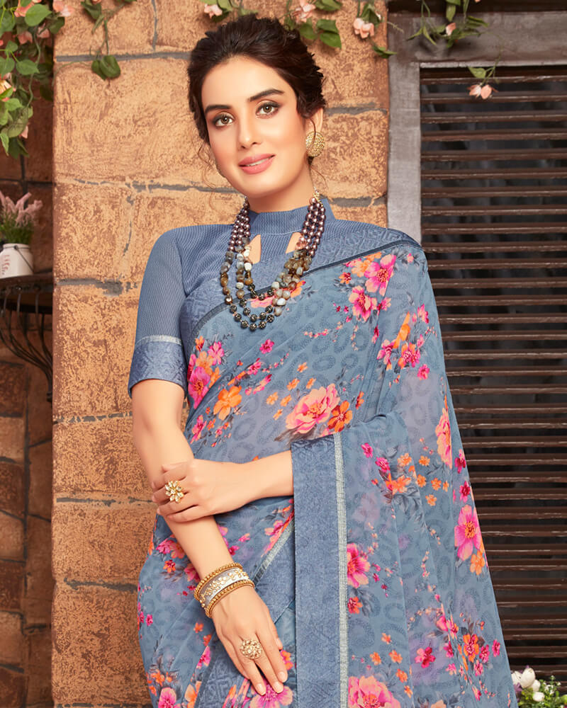 Vishal Prints Grey And Pink Floral Print Georgette Saree With Printed Satin Border