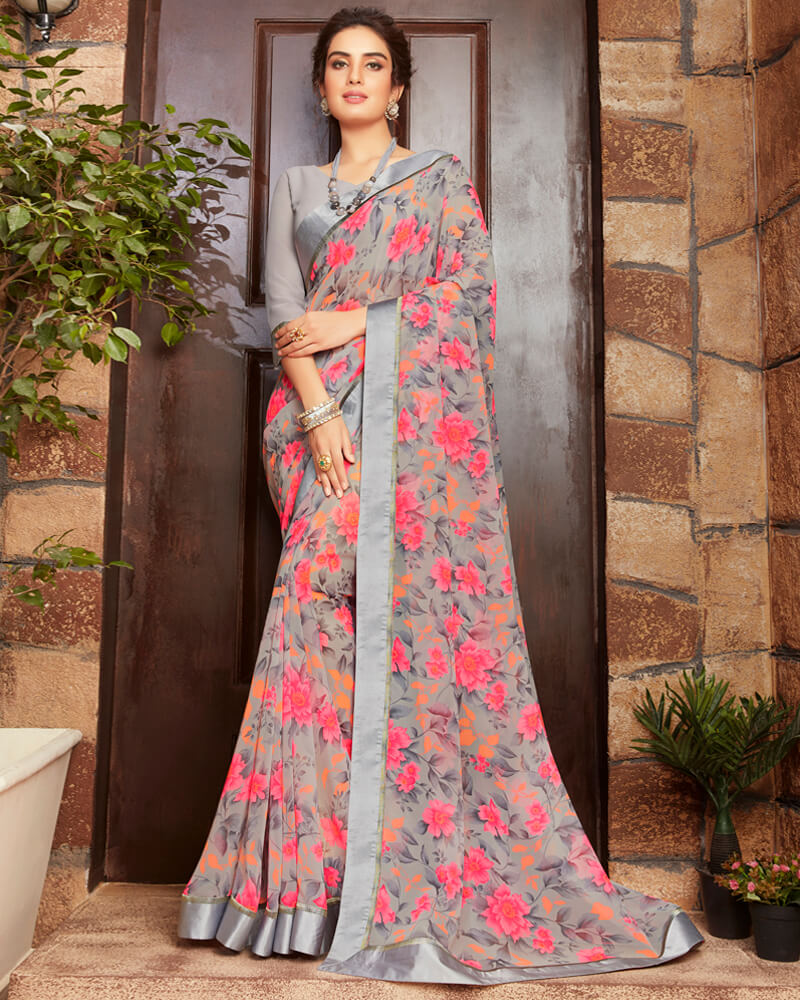 Vishal Prints Peach And Grey Floral Print Georgette Saree With Satin Border