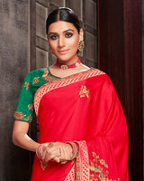 Vishal Prints Red Silk Saree With Embroidery Work