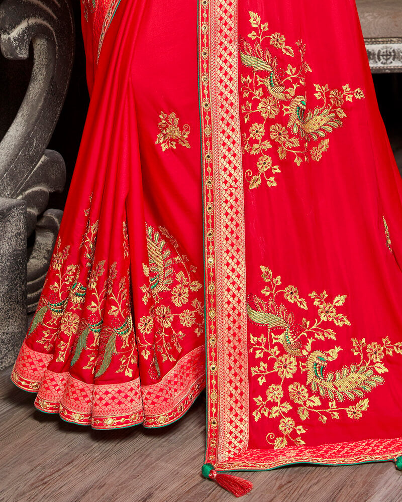 Vishal Prints Red Silk Saree With Embroidery Work