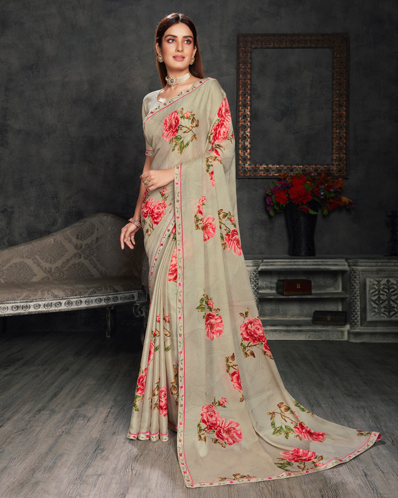 Vishal Prints Grey Digital Print Crepe Saree