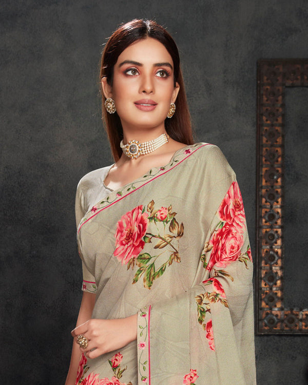 Vishal Prints Grey Digital Print Crepe Saree