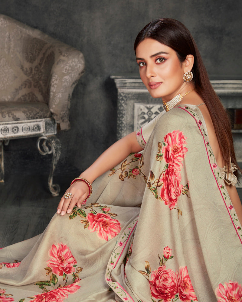 Vishal Prints Grey Digital Print Crepe Saree