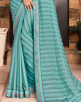 Vishal Prints Teal Blue Chiffon Saree With Diamond Work Border