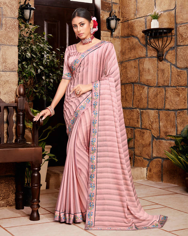 Vishal Prints Rose Pink Chiffon Saree With Diamond Work Border