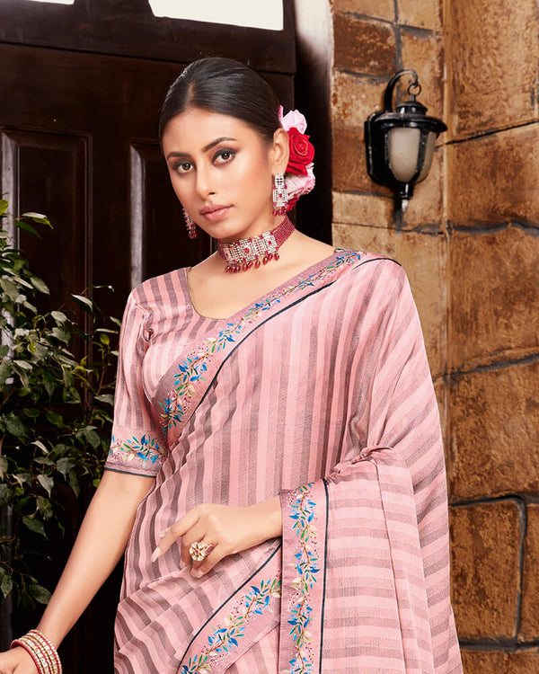 Vishal Prints Rose Pink Chiffon Saree With Diamond Work Border