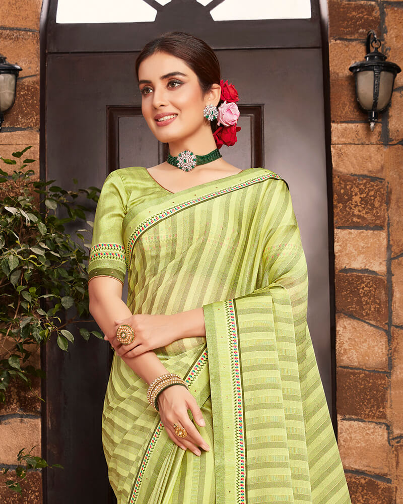 Vishal Prints Light Olive Green Chiffon Saree With Diamond Work Border