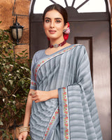 Vishal Prints Grey Chiffon Saree With Diamond Work Border